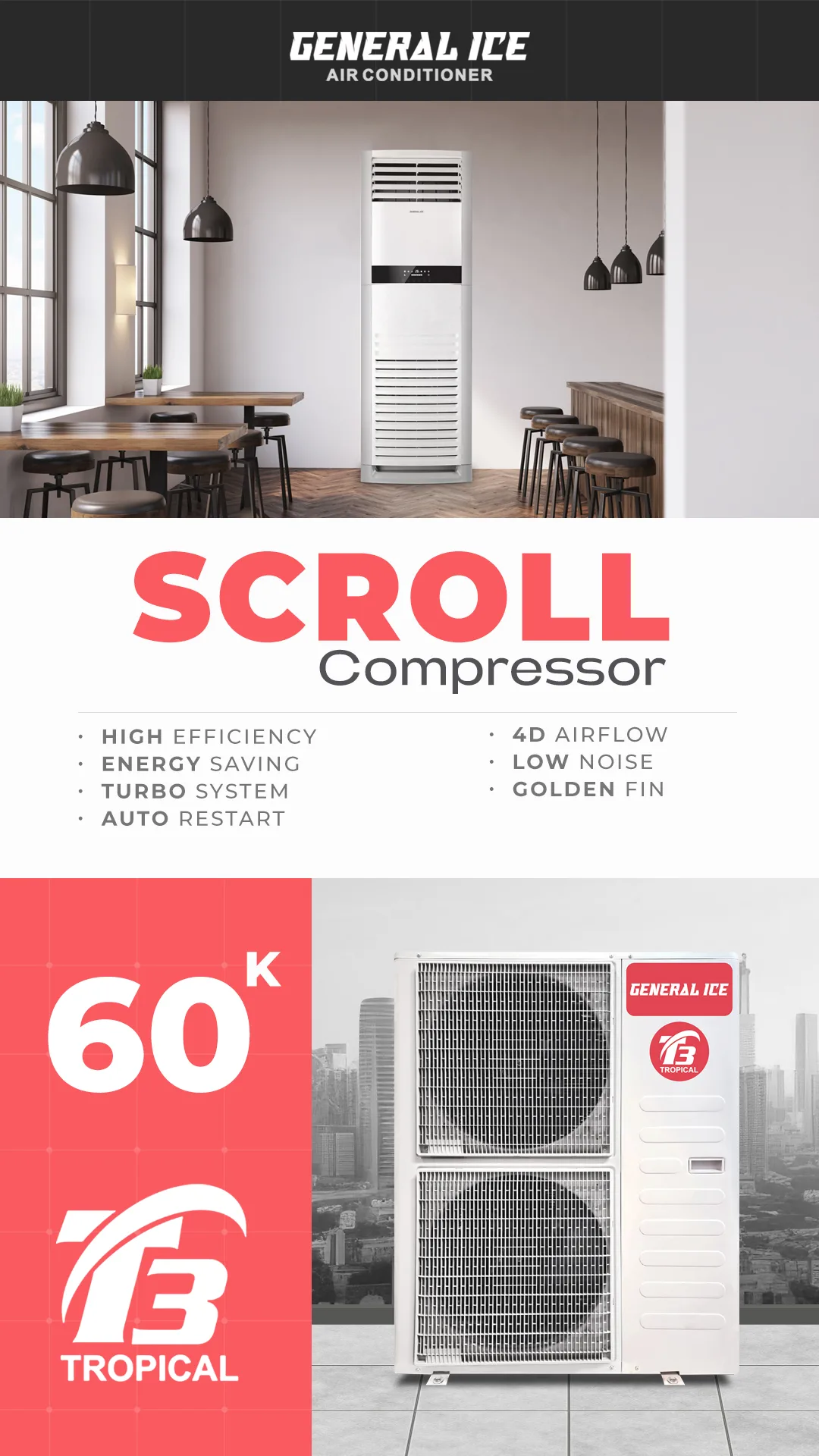 کولر گازی 60 هزار ایستاده تروپیکال جنرال آیس مدل GTRFSF-60HS2AFAW