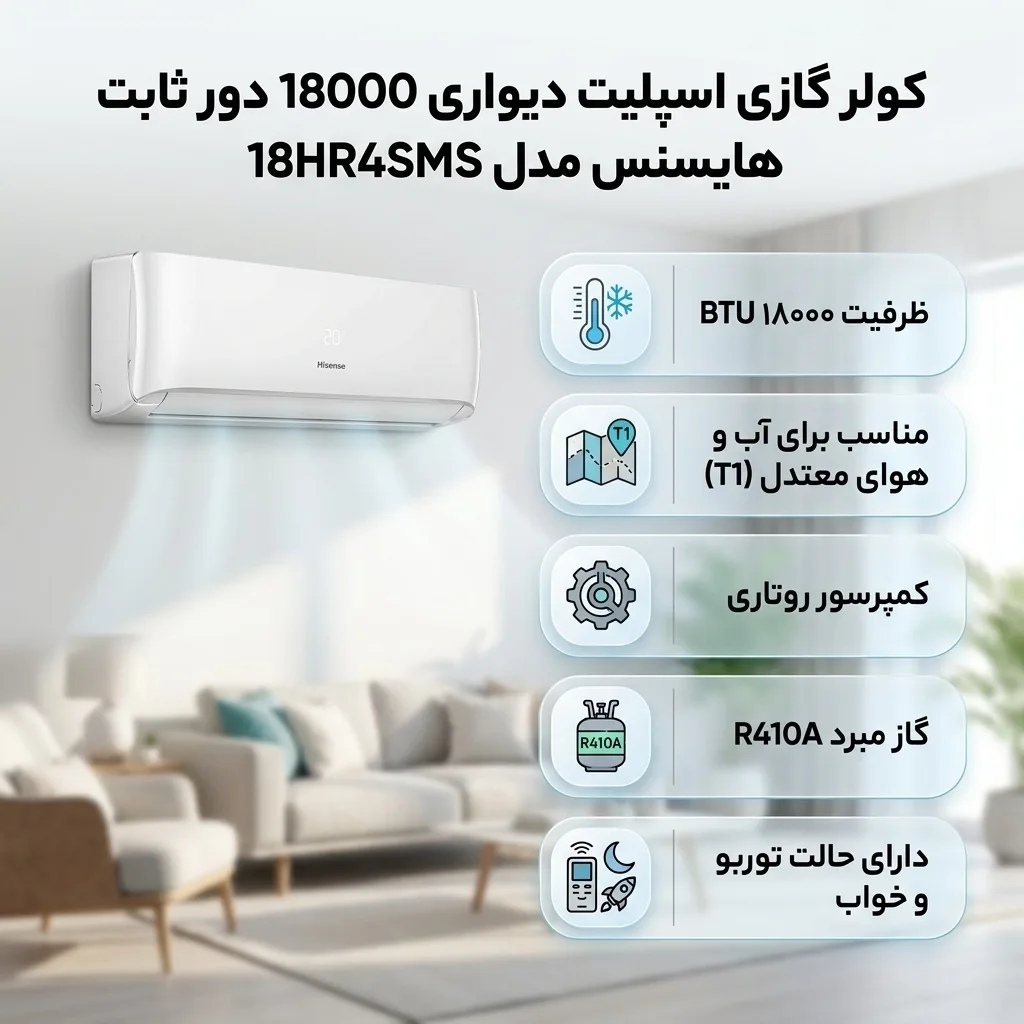 کولر گازی اسپلیت دیواری 18000 دور ثابت هایسنس مدل 18HR4SMS