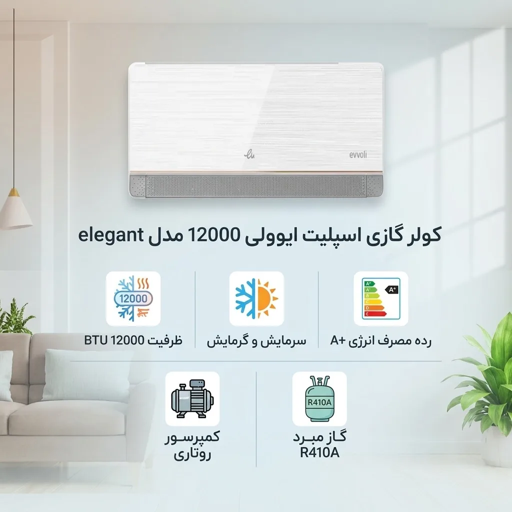 کولر گازی اسپلیت 12000 دور ثابت ایوولی مدل elegant