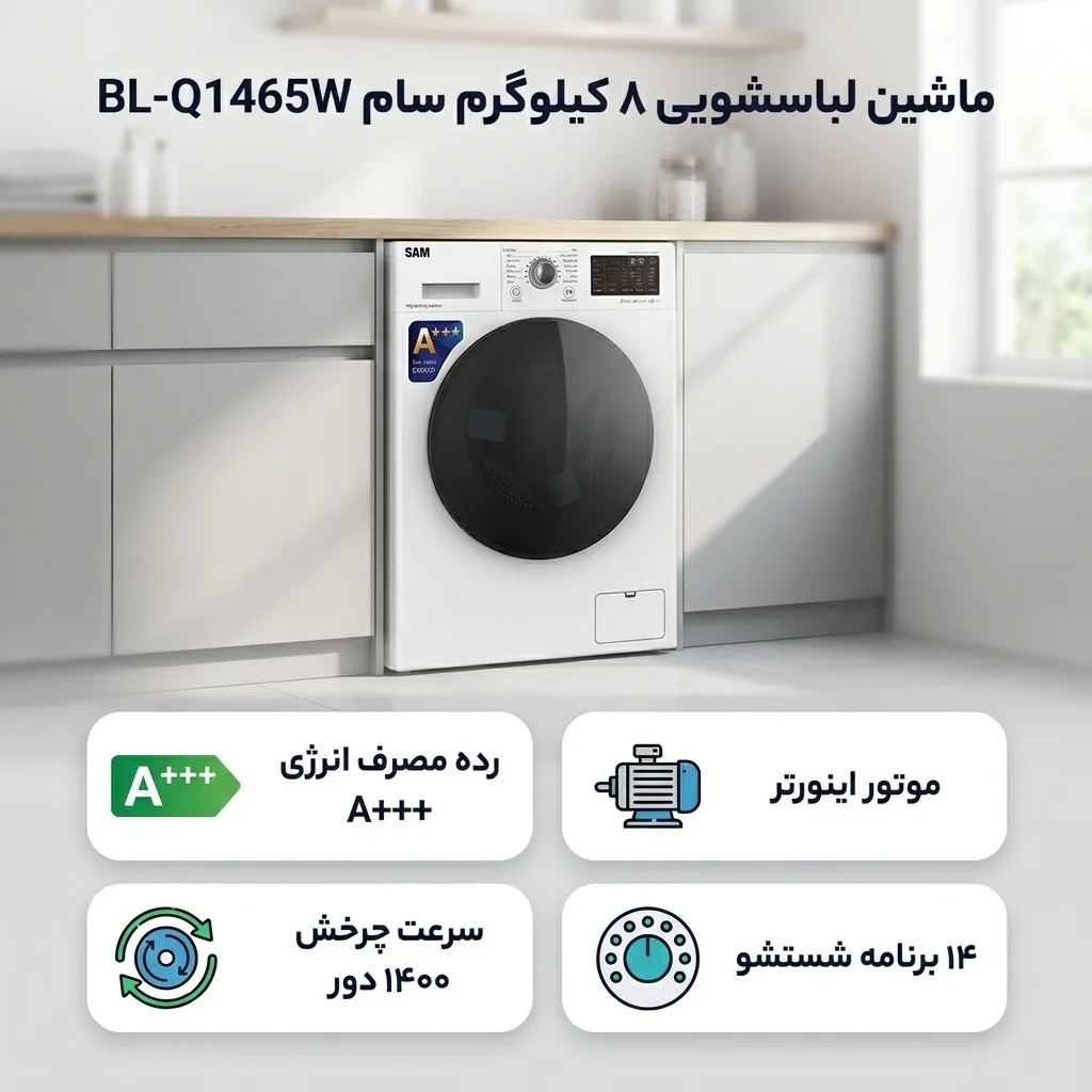 ماشین لباسشویی 8 کیلوگرم اتوماتیک سام مدل  BL-Q1465W ظرفیت 8 کیلوگرم