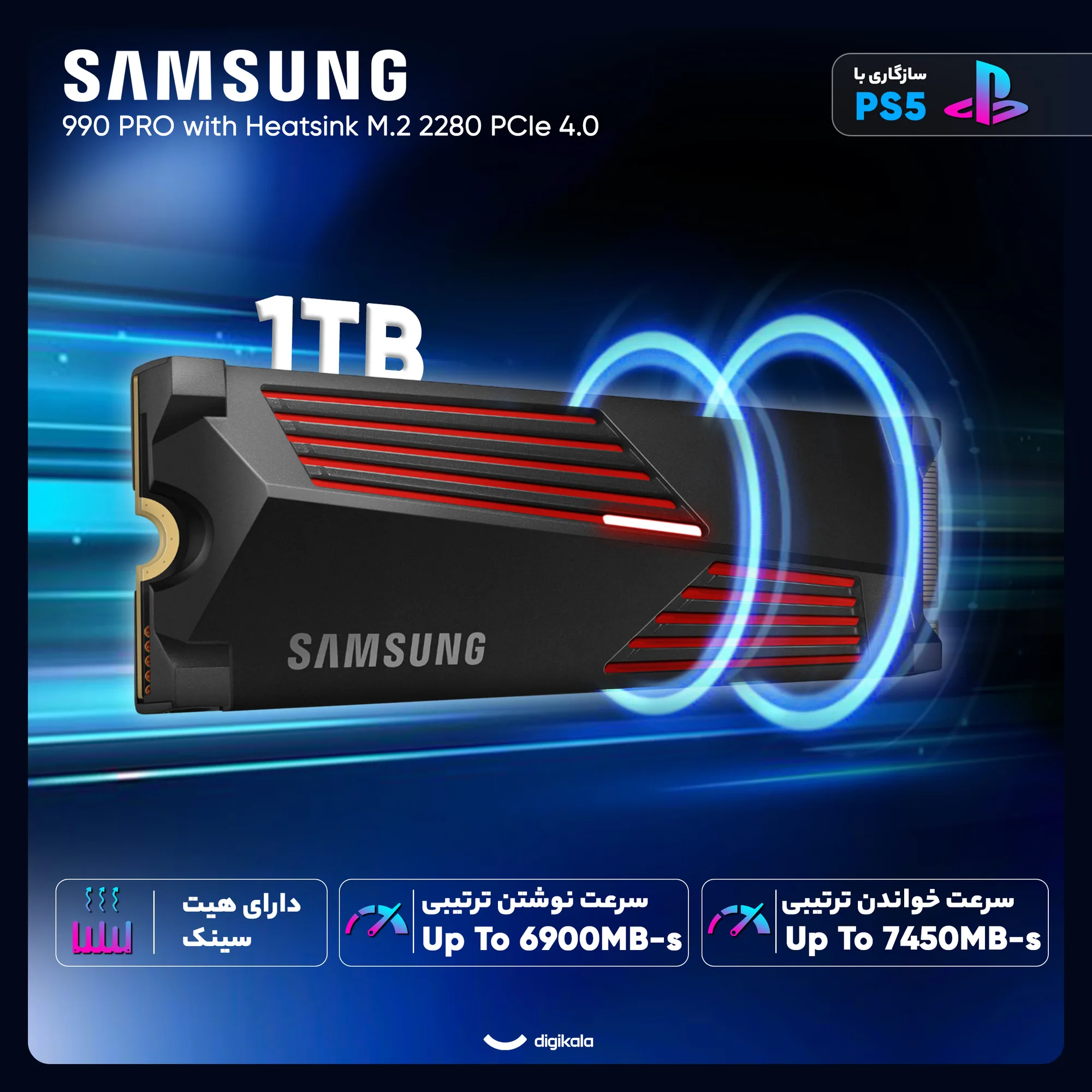 اس اس دی اینترنال PCIe Gen4 x4 سامسونگ مدل PRO 990 with Heatsink ظرفیت 1 ترابایت