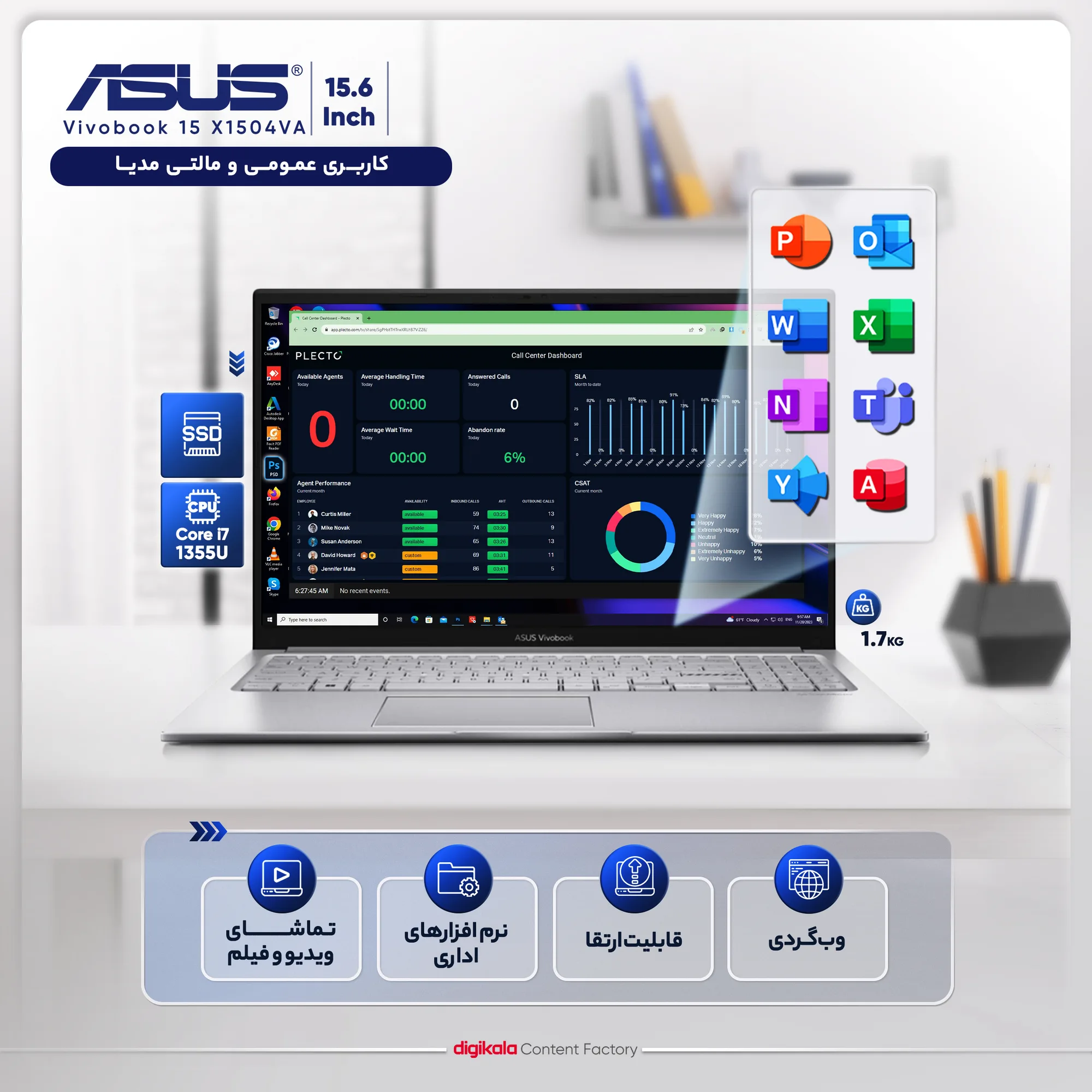لپ تاپ 15.6 اینچی ایسوس مدل Vivobook 15 X1504VA-U018-i7 1355U-16GB DDR4-512GB SSD-TFT-W