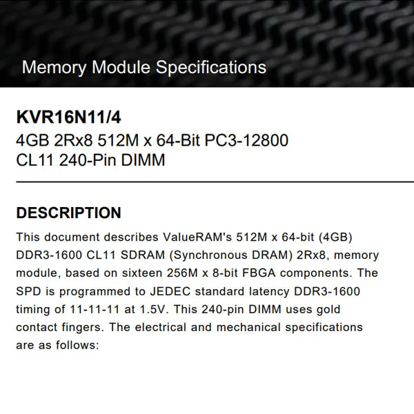رم دسکتاپ DDR3 کینگستون مدل KVR16N11/4 ظرفیت 4GB فرکانس 1600MHz تایمینگ CL11 ولتاژ کاری 1.5V 240 پین تک کاناله DIMM