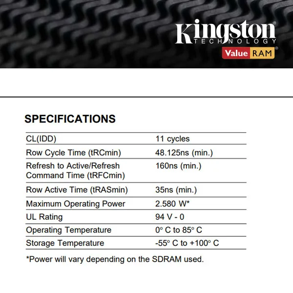 رم دسکتاپ DDR3 کینگستون مدل KVR16N11/4 ظرفیت 4GB فرکانس 1600MHz تایمینگ CL11 ولتاژ کاری 1.5V 240 پین تک کاناله DIMM