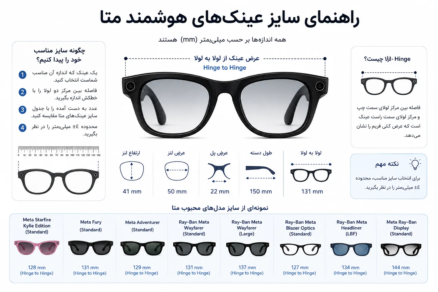 راهنمای کامل سایز عینک هوشمند متا؛ جدول اندازه Meta و Ray-Ban Meta