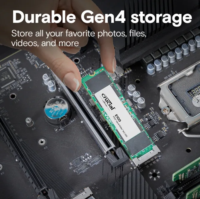حافظه SSD اینترنال کروشیال مدل E100 Gen4 ظرفیت 1 ترابایت، رابط PCIe 4.0، سرعت خواندن 5000 مگابایت بر ثانیه و نوشتن 4500 مگابایت بر ثانیه، فلش TLC و عمر مفید 2 میلیون ساعت