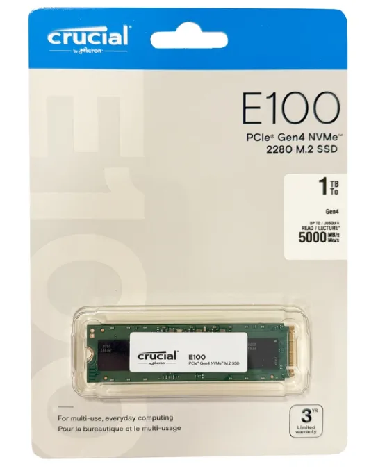حافظه SSD اینترنال کروشیال مدل E100 Gen4 ظرفیت 1 ترابایت، رابط PCIe 4.0، سرعت خواندن 5000 مگابایت بر ثانیه و نوشتن 4500 مگابایت بر ثانیه، فلش TLC و عمر مفید 2 میلیون ساعت
