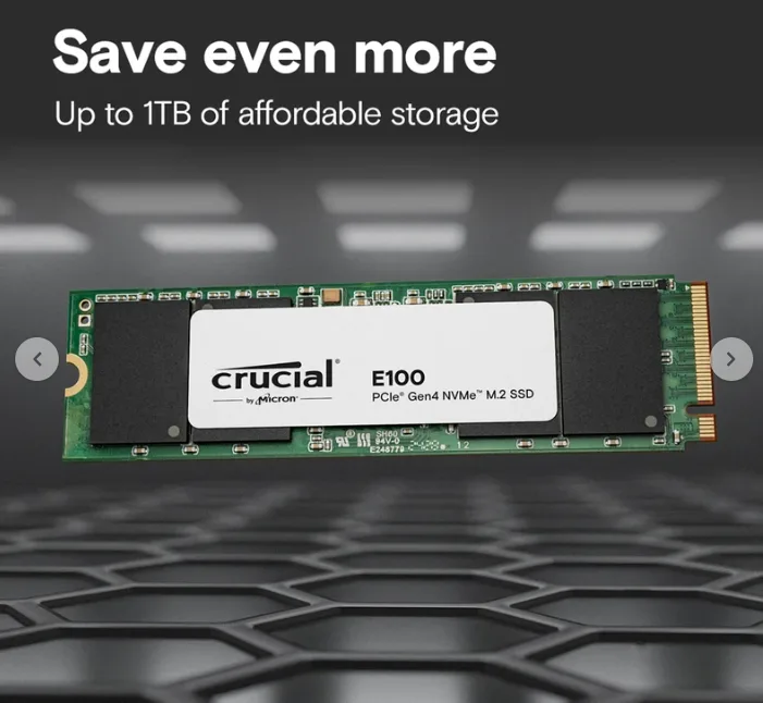 حافظه SSD اینترنال کروشیال مدل E100 Gen4 ظرفیت 1 ترابایت، رابط PCIe 4.0، سرعت خواندن 5000 مگابایت بر ثانیه و نوشتن 4500 مگابایت بر ثانیه، فلش TLC و عمر مفید 2 میلیون ساعت