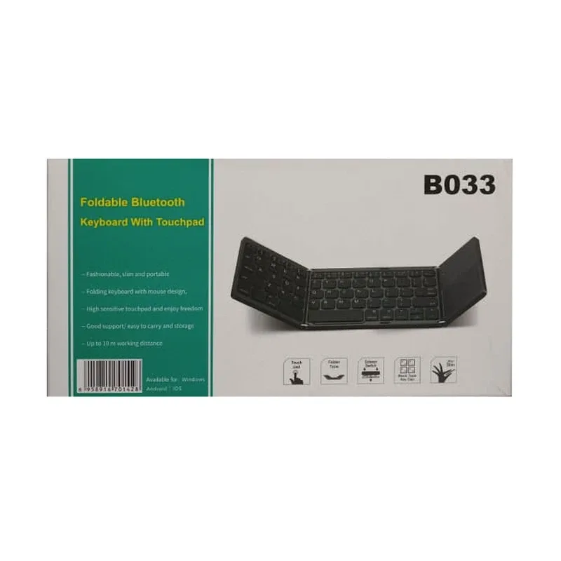 کیبورد بلوتوثی تاشو اداری مدل B033 با 63 کلید، سوئیچ سیزر، تاچ‌پد، پایه‌های ضدلغزش، اتصال بی‌سیم، وزن 198 گرم، سازگار با سیستم‌عامل‌های مختلف به جز iOS، طراحی جمع‌وجور و قابل‌حمل