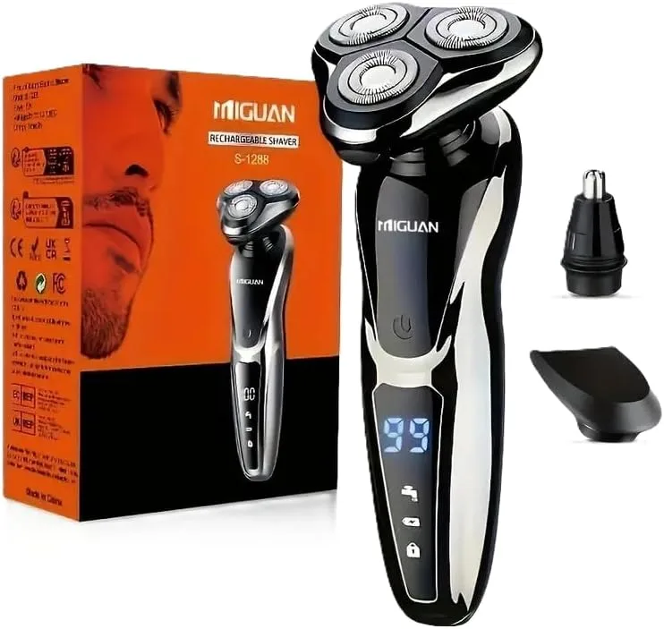 MIGUAN Electric Shaver, 3 Head Rotary Razor, Rechargeable with LED Display, Nose Trimmer Attachment, Black