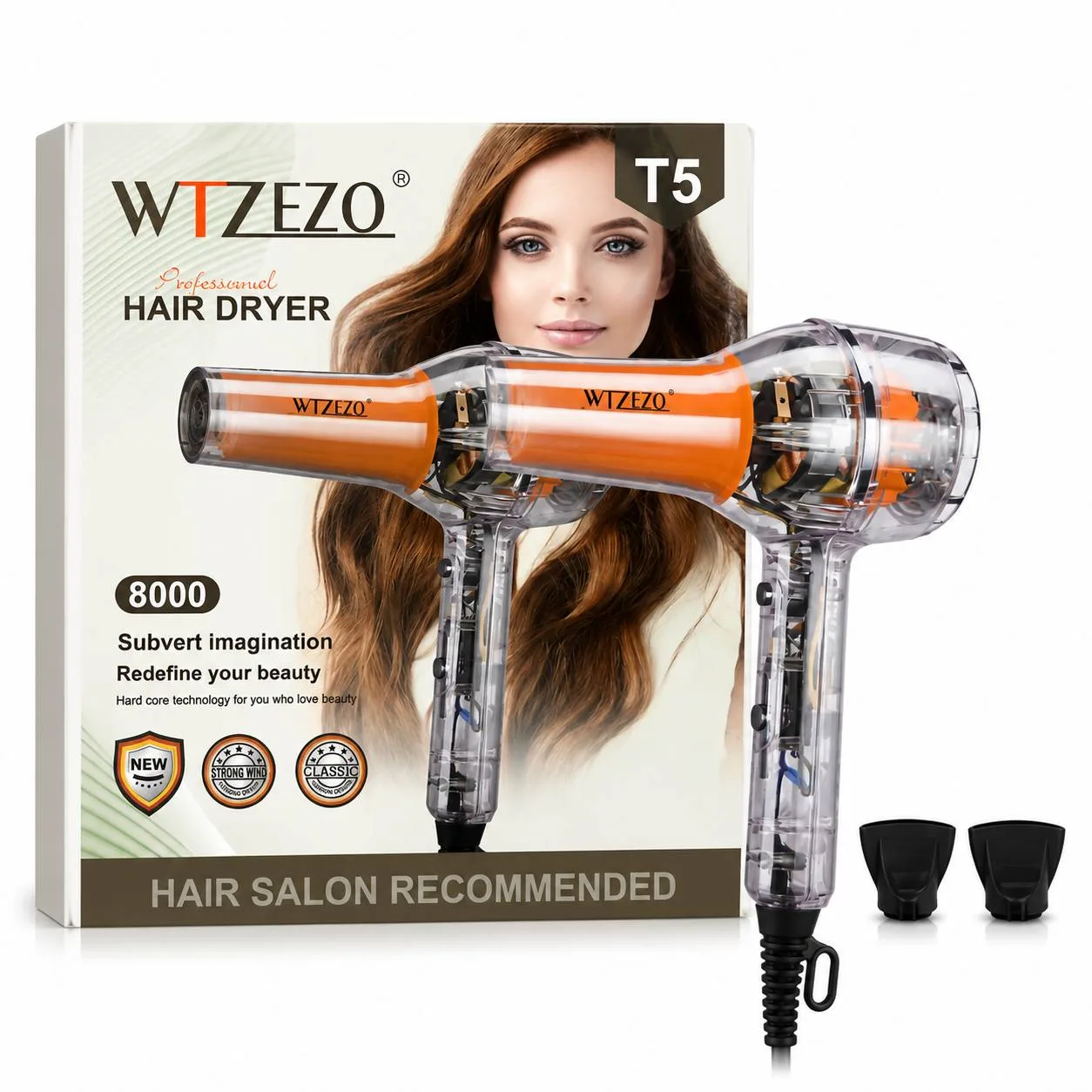 سشوار حرفه ای 8000 وات ویتزو مدل  سشوار حرفه‌ای WTZEZO مدل T5 (طرح شیشه‌ای شفاف)