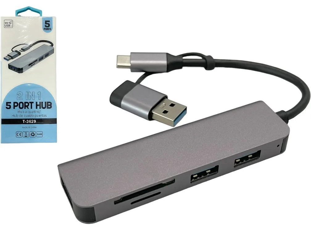 هاب و رم‌ ریدر دو‌ سر USB و Type-c دارای 5 پورت به همراه کارت‌خوان‌های SD و TF مدل T-3629