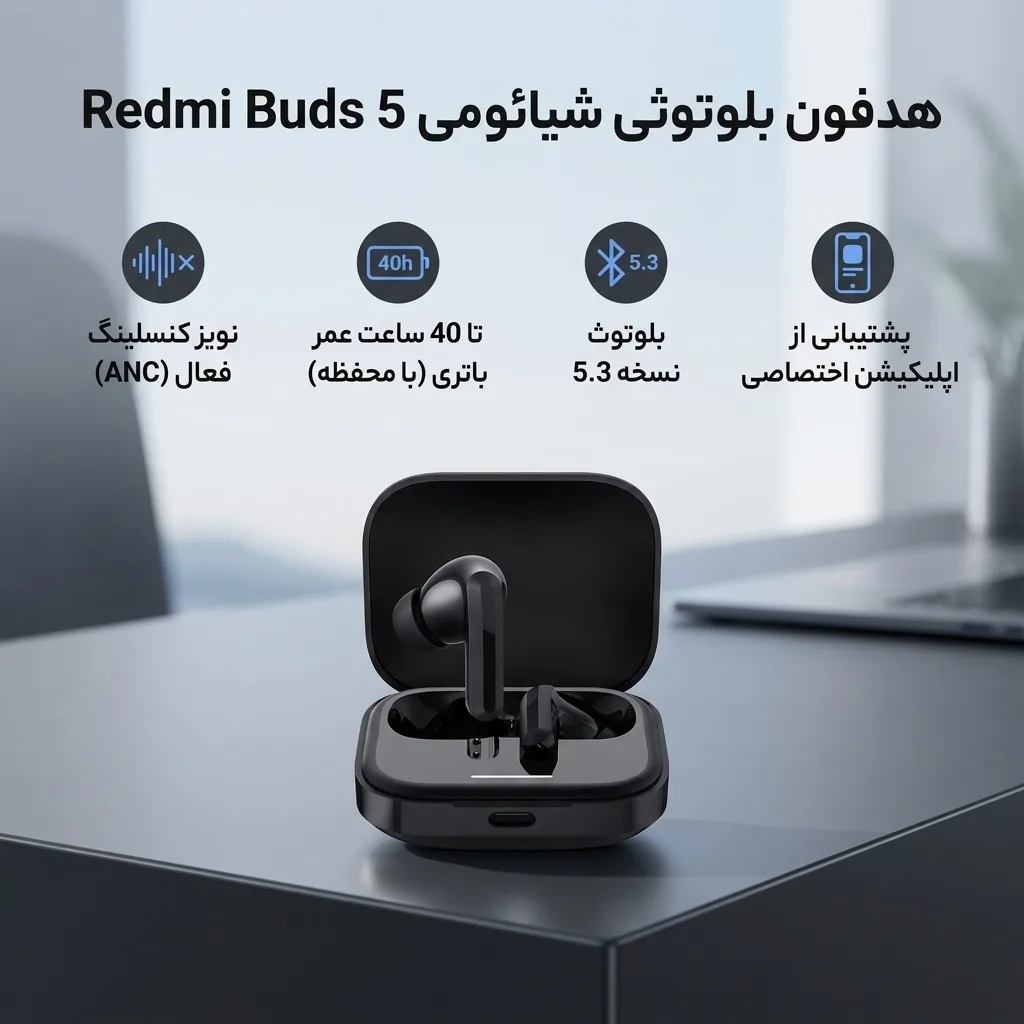 هدفون بلوتوثی شیائومی مدل Redmi Buds 5 با نویز کنسلینگ فعال (ANC)، درگاه شارژ USB Type-C، دارای نشانگر روی محفظه شارژ