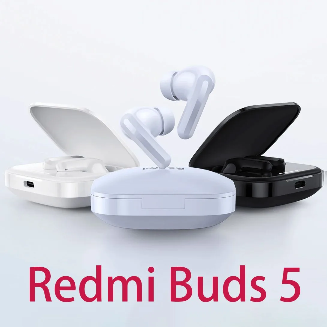 هدفون بلوتوثی شیائومی مدل Redmi Buds 5 با نویز کنسلینگ فعال (ANC)، درگاه شارژ USB Type-C، دارای نشانگر روی محفظه شارژ