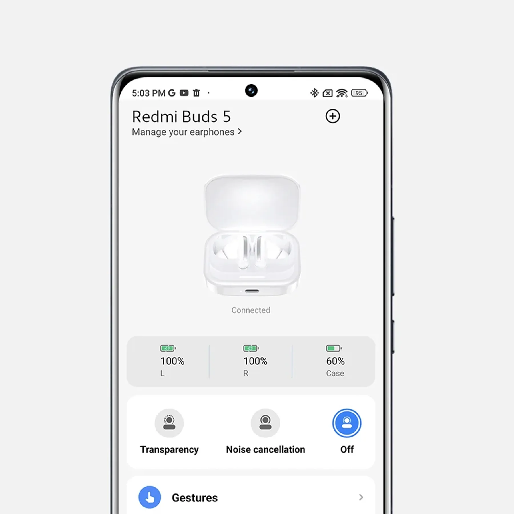 هدفون بلوتوثی شیائومی مدل Redmi Buds 5 با نویز کنسلینگ فعال (ANC)، درگاه شارژ USB Type-C، دارای نشانگر روی محفظه شارژ