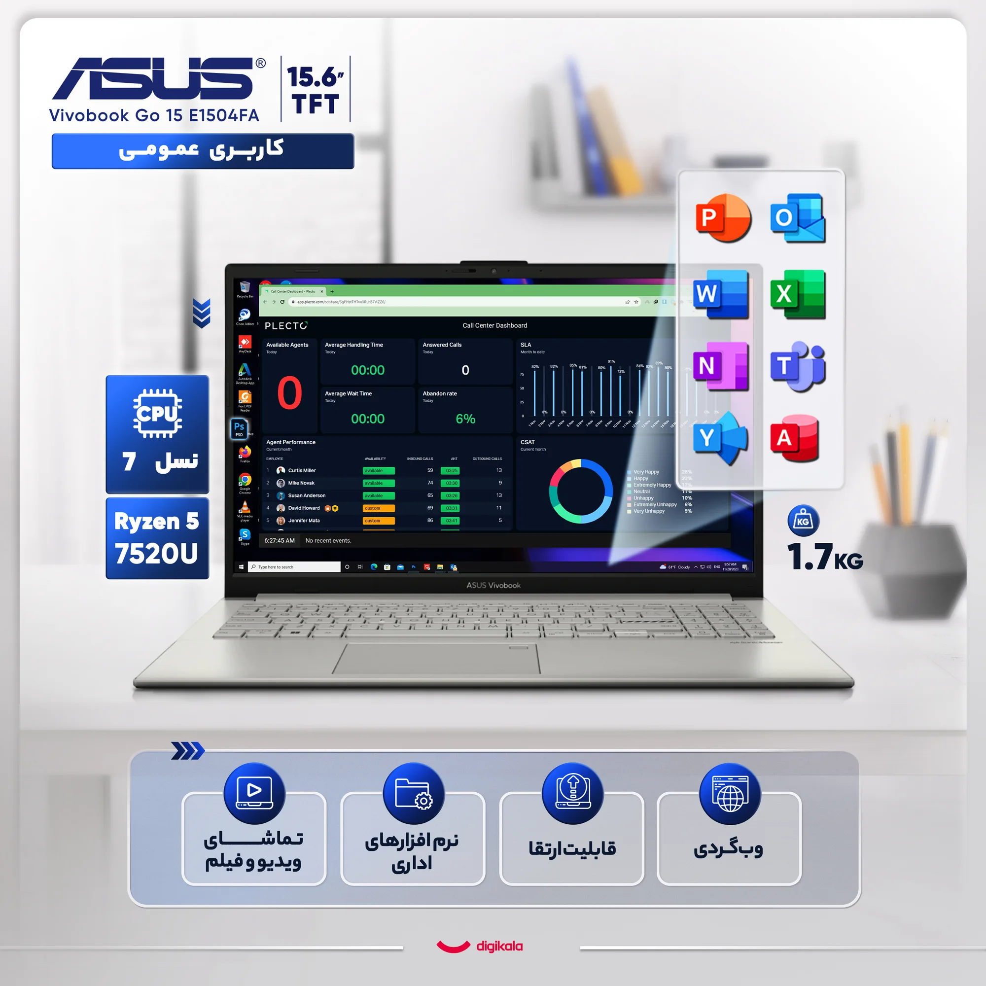 لپ‌تاپ ایسوس مدل Vivobook Go 15 E1504FA-NJ287 با پردازنده Ryzen 5-7520U، رم DDR4 8GB با فرکانس 4800MHz، حافظه SSD با ظرفیت 512GB، نمایشگر 15.6 اینچ TFT با وضوح Full HD