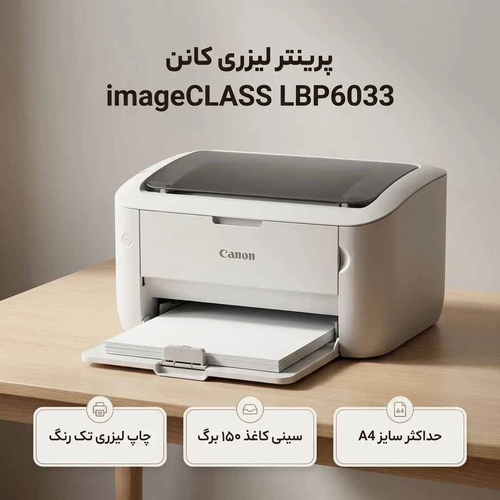 پرینتر لیزری تک‌کاره کانن مدل imageCLASS LBP6033 با چاپ تک‌رنگ، رزولوشن 2400x600 DPI و سینی 150 برگی