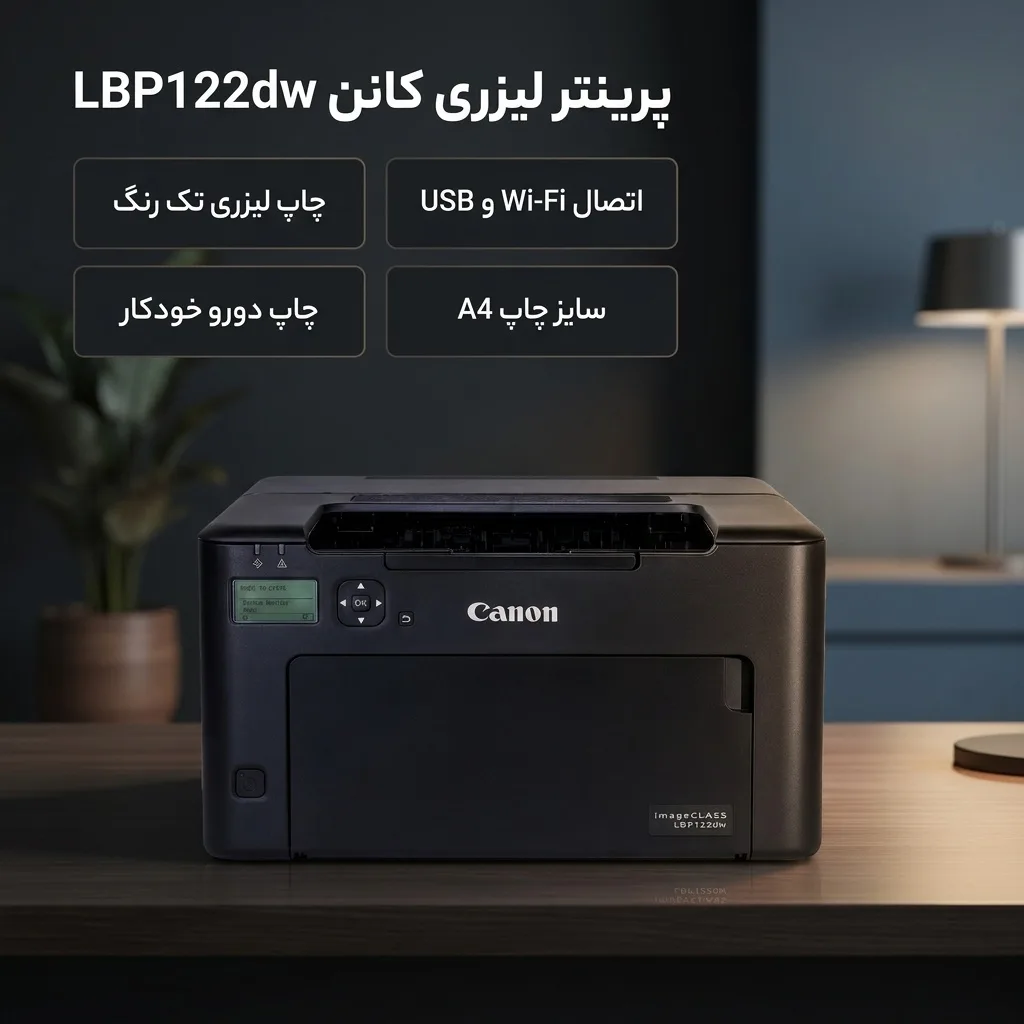 پرینتر لیزری تک‌کاره کانن مدل LBP122dw با قابلیت اتصال USB و Wi-Fi، نمایشگر و پشتیبانی از کاغذ A4 تا A6